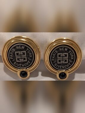 Givenchy Gold and Black Logo Clip Earrings